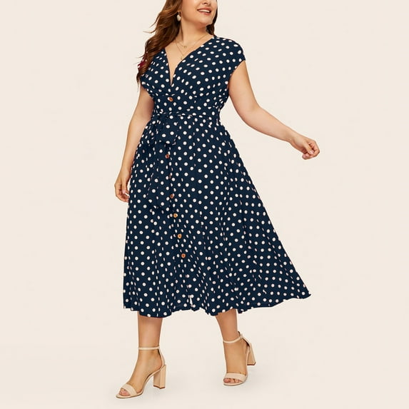 Herrnalise Women's Summer Floral Print Dress Women's Casual Plus Size V-neck Sleeveless Polka Dot Printed Button Belt Dress