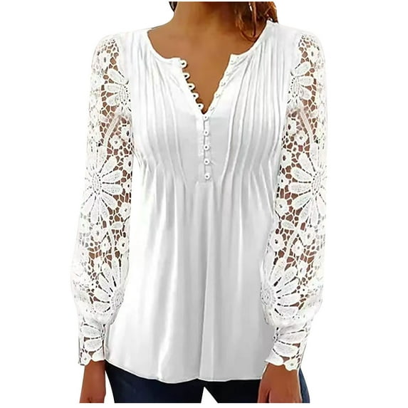Herrnalise Women's Summer Solid Color V-Neck Button Top Temperament Slim Fit Lace Long Sleeve Lapel Shirt White M