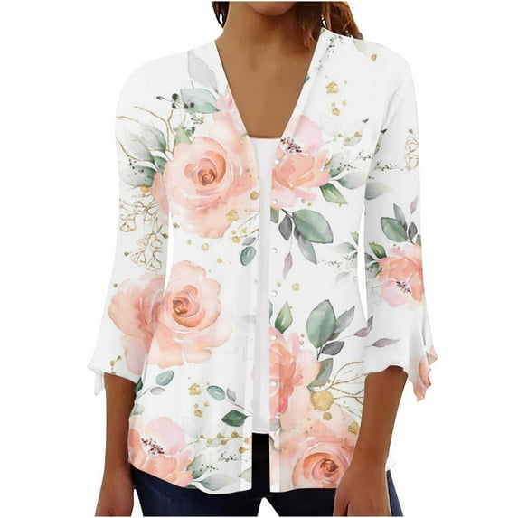 Herrnalise Women's Summer Sweater Women's Fashion Quarter Sleeved 4/3 Sleeved Printed Button Cardigan Jacket Cardigan Sweaters for Women Lightweight S