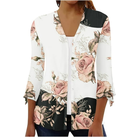 Herrnalise Women's Summer Sweater Women's Fashion Quarter Sleeved 4/3 Sleeved Printed Button Cardigan Jacket Cardigan Sweaters for Women Lightweight XL