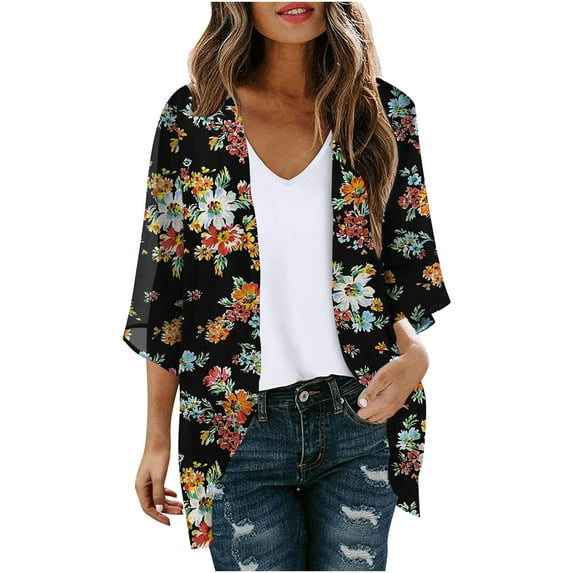 Holloyiver Women's Summer Sweater Women's Floral Print Puff Sleeve Kimono Cardigan Loose Chiffon Cover Up Casual Blouse Tops Cardigan Sweaters for Women Lightweight L