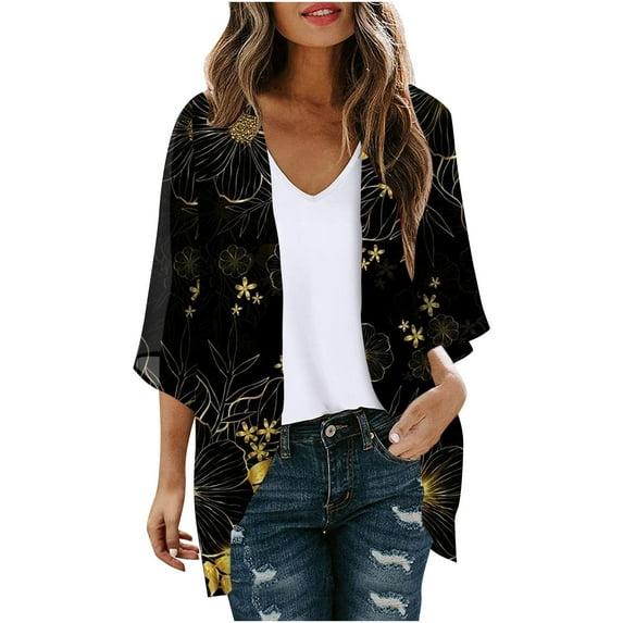 Holloyiver Women's Summer Sweater Women's Floral Print Puff Sleeve Kimono Cardigan Loose Chiffon Cover Up Casual Blouse Tops Cardigan Sweaters for Women Lightweight M