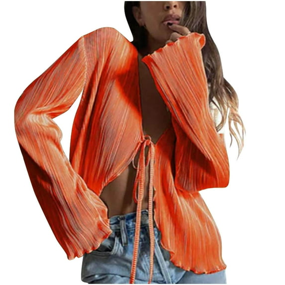 Herrnalise Women's Summer Sweater Women's Fashion Sexy Color Cardigan Lace Up Flare Sleeve Shirt Cardigan Cardigan Sweaters for Women Lightweight S