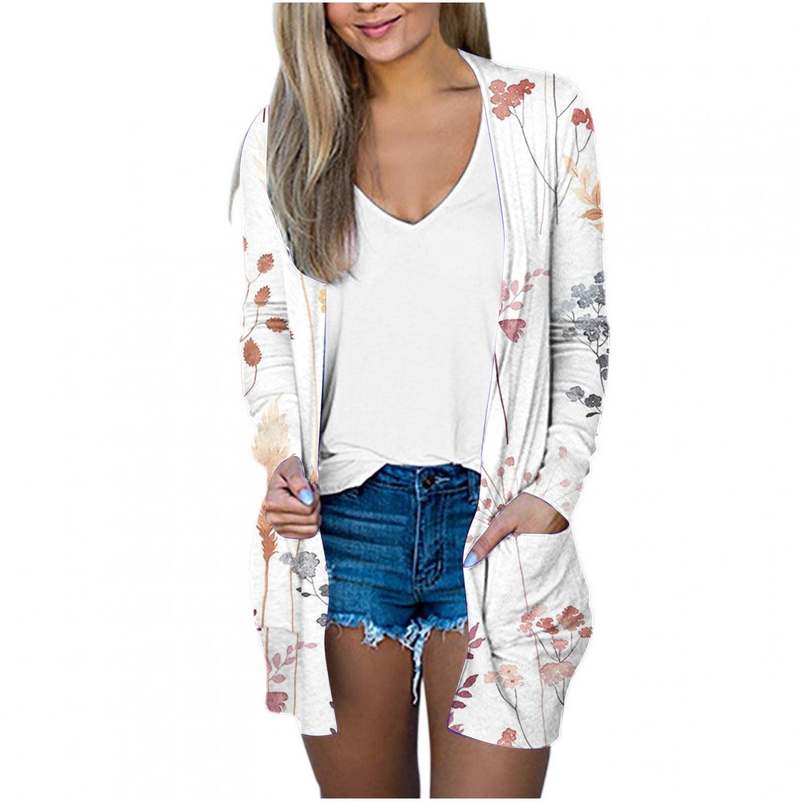 Holloyiver Women s Summer Sweater Women s Long Sleeve Fashion Casual Printing Pocket Cardigan Tops Blouse Cardigan Sweaters for Women Lightweight XL