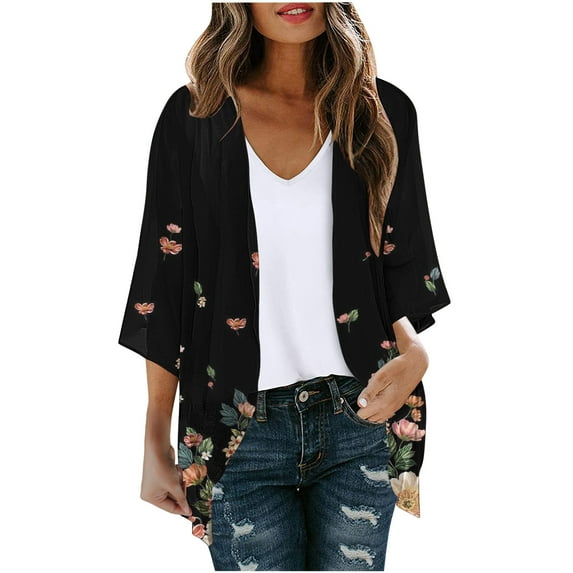 Holloyiver Women's Summer Sweater Women's Long Sleeve Printing Casual Tops Blouse With Pocket Cardigan Cardigan Sweaters for Women Lightweight XL