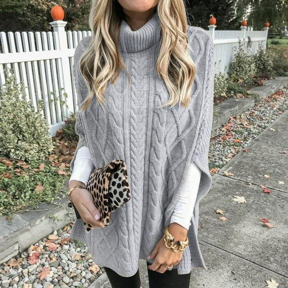 Herrnalise Women's Turtleneck Sweater Long Sleeve Oversized Knitted Soft Pullover Sweaters Side Split Gray,3XL