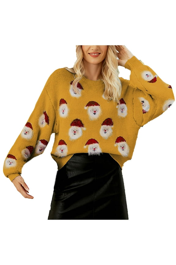 Women's Ugly Christmas Sweater Animal Pattern Xmas Pullover Knitted Jumper Santa Claus Print Sweater Gold,S