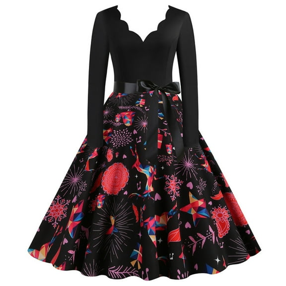 Herrnalise Women's V-Neck Christmas Printed Long SleeveHigh Waist Dress Long Sleeve V-Neck Dresses S-2XL