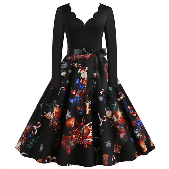 Herrnalise Women's V-Neck Christmas Printed Long SleeveHigh Waist Dress Long Sleeve V-Neck Dresses S-3XL