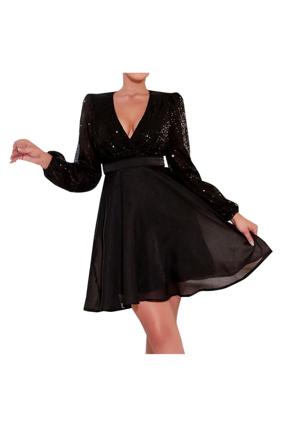 Women's V Neck Dress Sexy Sweet Party Dress Sequin Mesh Patchwork Deep V Cross Long Sleeve Knee-Length Dress S-L