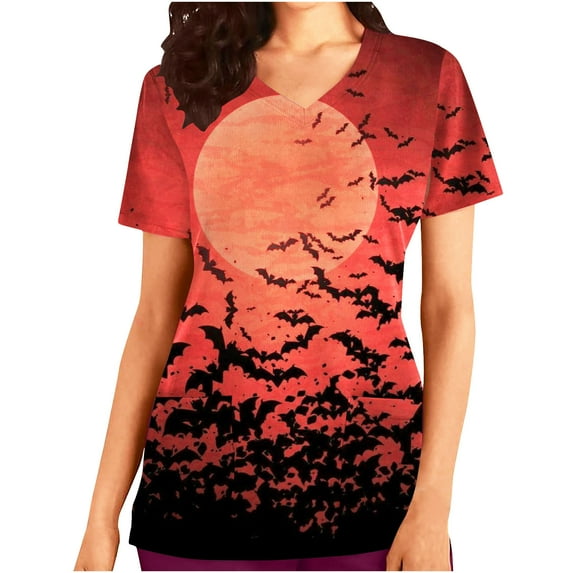 Herrnalise Women's V Neck Halloween T Shirts Short Sleeve Summer Casual Loose Dolman Tops with Side Shirring Raglan Rolled Sleeve Loose Tunic Tops S-2XL