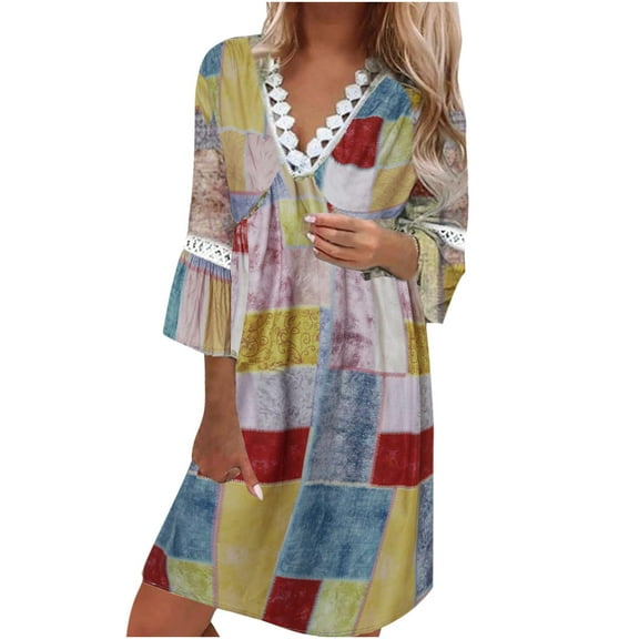 Herrnalise Women's V-Neck Lace Patchwork Printed Dress S-2XL