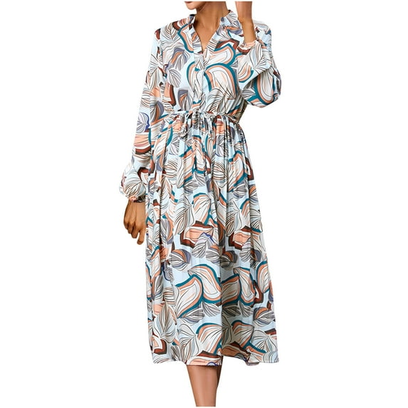 Herrnalise Women's V-Neck Long Sleeve Loose Printed Knee Length Dresses S-2XL