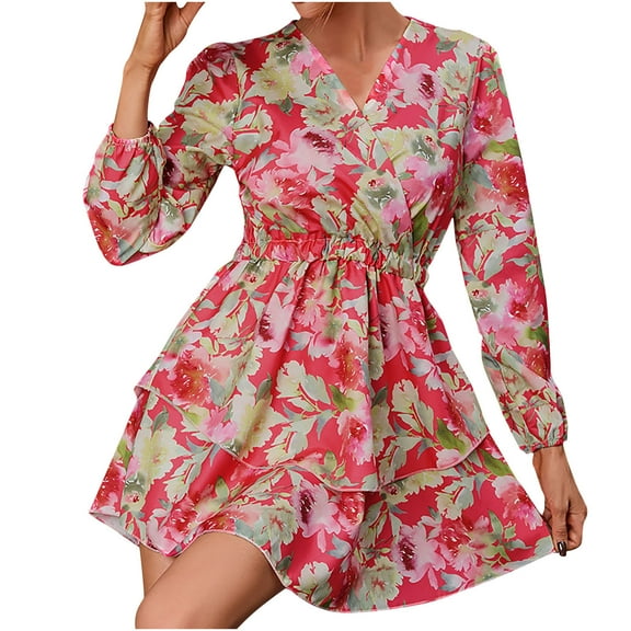 Herrnalise Women's V-Neck Long Sleeve Loose Printed Knee Length Dresses S-2XL