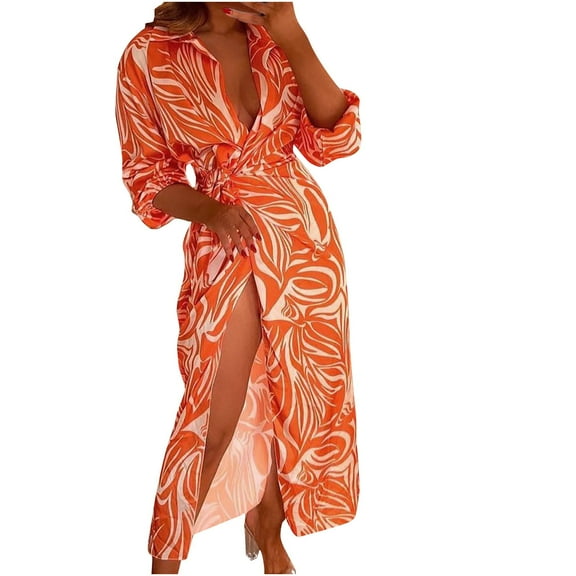 Herrnalise Women's V-Neck Long Sleeve Printed Split Dresses S-2XL