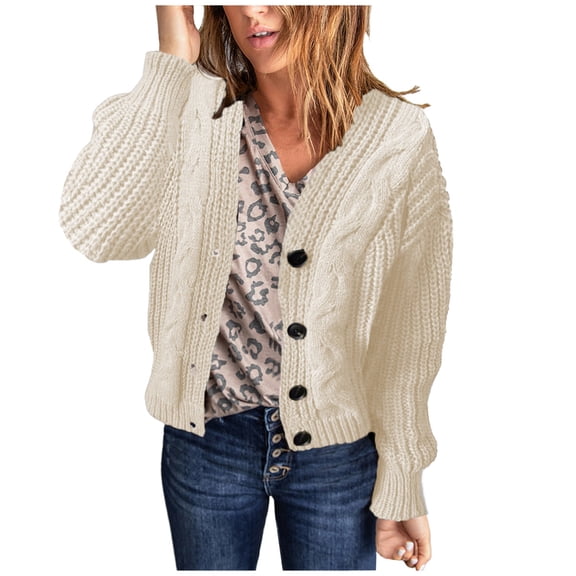 Herrnalise Women's V Neck Open Front Chunky Knit Sweater Long Sleeve Button Loose Short Solid Cardigan Outerwear Coats S-2X