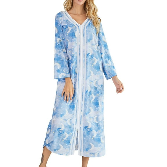Herrnalise Women's V-Neck Printed Long Sleeve Dress Loose VelcroHome Long Dresses S-2XL