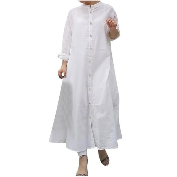 Herrnalise Women's V-neck Button Dress Loose bell Long Sleeve Solid Color Long Dresses S-2XL