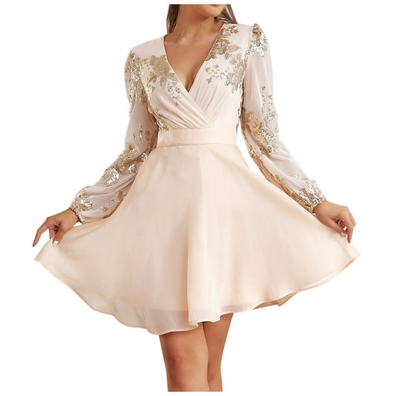 Herrnalise Women's Vintage V Neck IrregularHem Dress Sexy Sweet Party Dress Sequin Mesh Patchwork Deep V Cross Long Sleeve Knee-Length Dress S-L