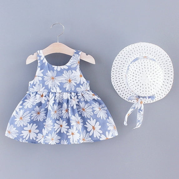 QISIWOLE Toddler Kids Baby Girls Cute Summer Flowers Print Bow Sleeveless Dress Skirt Hat Suit summer sale