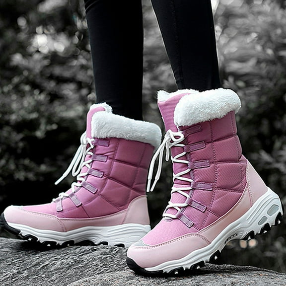 Herrnalise Women's Winter Outdoor Plus Velvet Non-slip Mid-tube Platform Snow Boots Flash picks