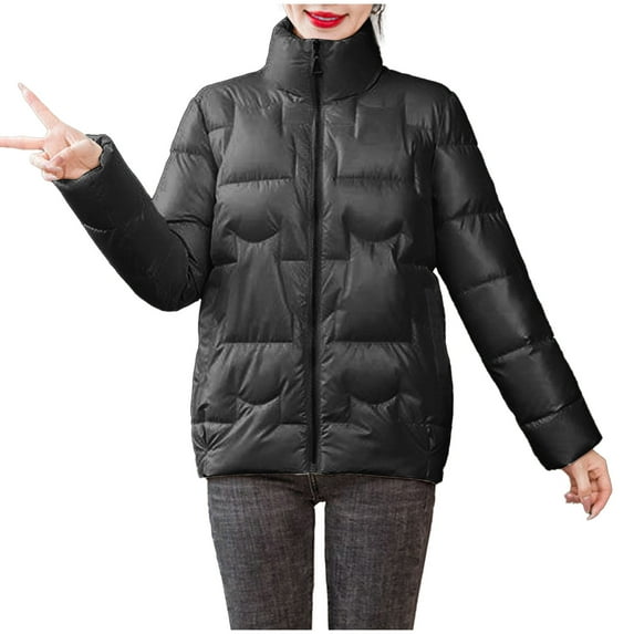 Herrnalise Women's Winter Stand Collar Zip Puffer Jacket Baggy Short Padded Down Coats Black,XXXXL