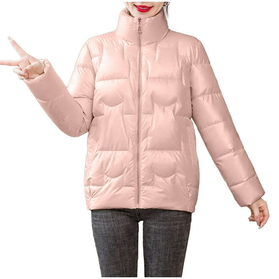 Herrnalise Women's Winter Stand Collar Zip Puffer Jacket Baggy Short Padded Down Coats Pink,XL