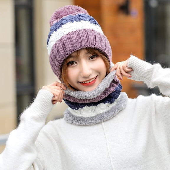 Herrnalise Women's Winter Thicker Knitted Warm Cap Ruff Hat Two-piece Set