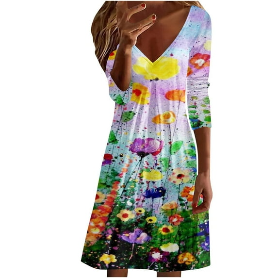 !Herrnalise Women's floral bohemian Dress Fashion Printed Long Sleeve V-neck Pullover Dress S-2XL
