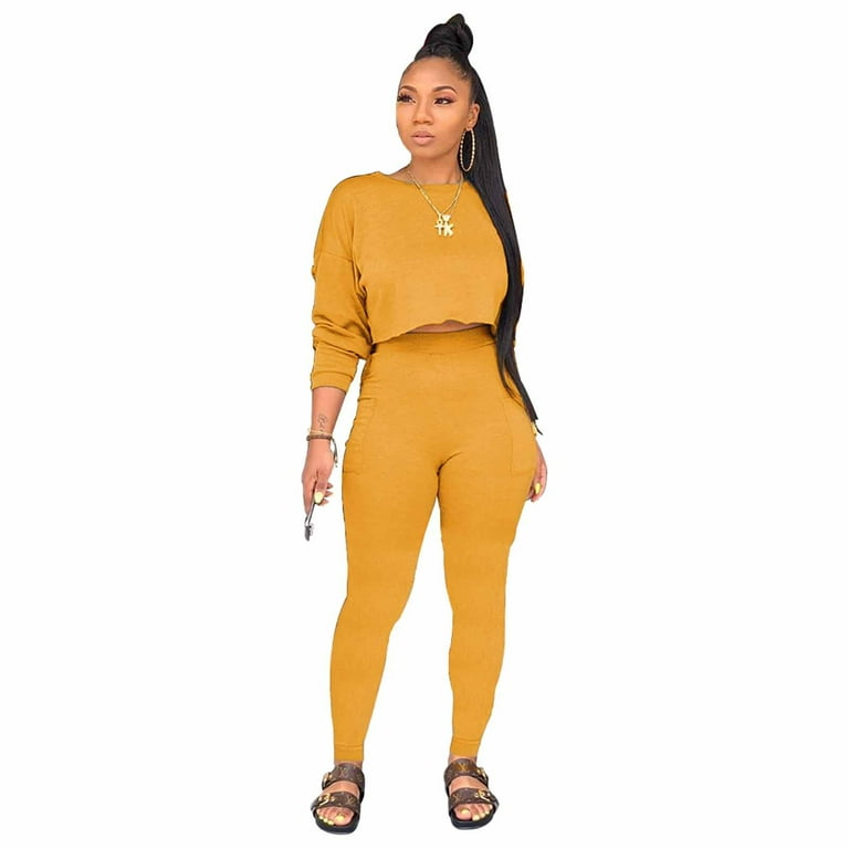 Herrnalise Women's two-piece solid color clothing Women's Fashion Full  Sleeve Sweater Pocket Pants Two-Piece Set