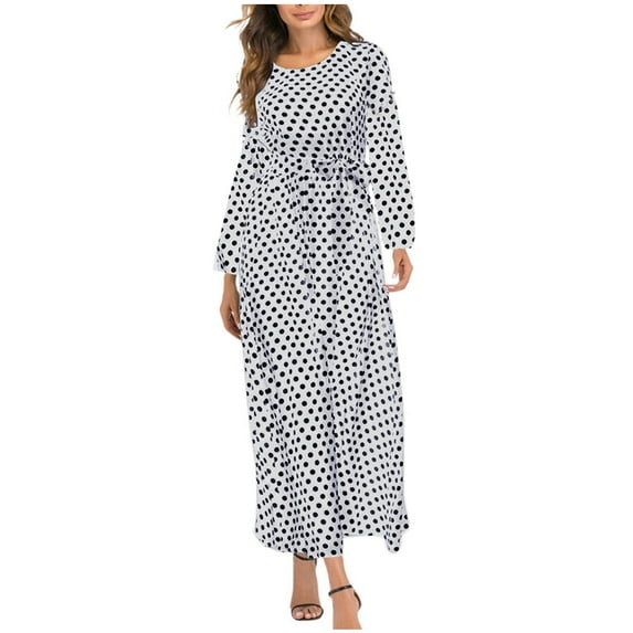 Herrnalise Women'sRound Neck Long Sleeve Elastic Waist Beach Belt Polka Dot Printed Women'sHem Dresses S-2XL