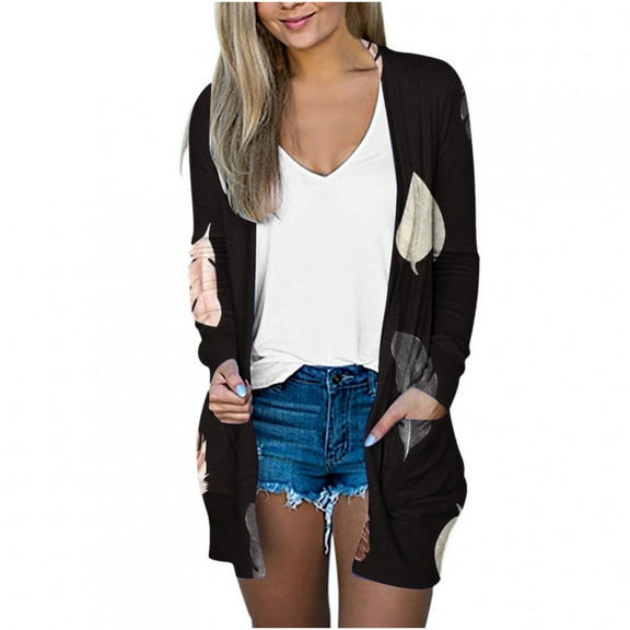 Herrnalise Womens 2024 Fashion Casual Open Front Printed Cardigans Sweaters Thin Coats Jackets Outerwear Long Sleeve Floral Prints Coats Black,S