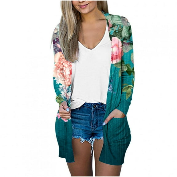 Herrnalise Womens 2024 Fashion Casual Open Front Printed Cardigans Sweaters Thin Coats Jackets Outerwear Long Sleeve Floral Prints Coats Green,XXL