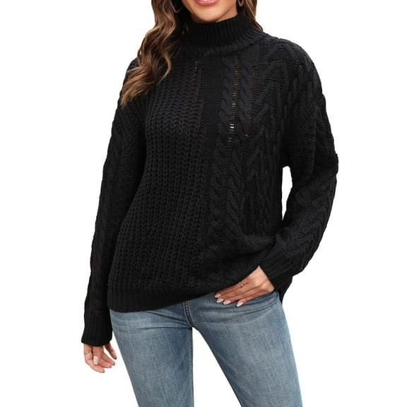 Herrnalise Womens 2024 Turtleneck Sweaters Cable Knit Long Sleeve Pullover Sweater Jumper Black,S
