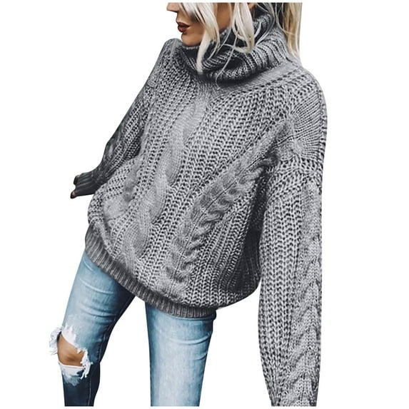 Herrnalise Womens 2024 Turtleneck Sweaters Cable Knit Long Sleeve Pullover Sweater Jumper Gray,3XL