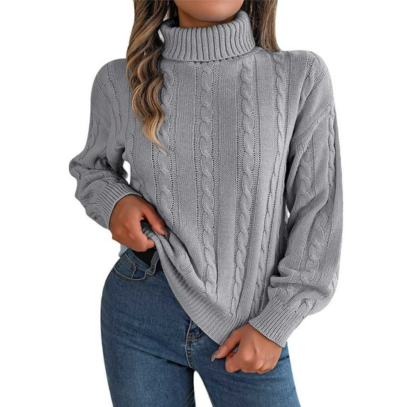 Herrnalise Womens 2024 Turtleneck Sweaters Cable Knit Long Sleeve Pullover Sweater Jumper Gray,S