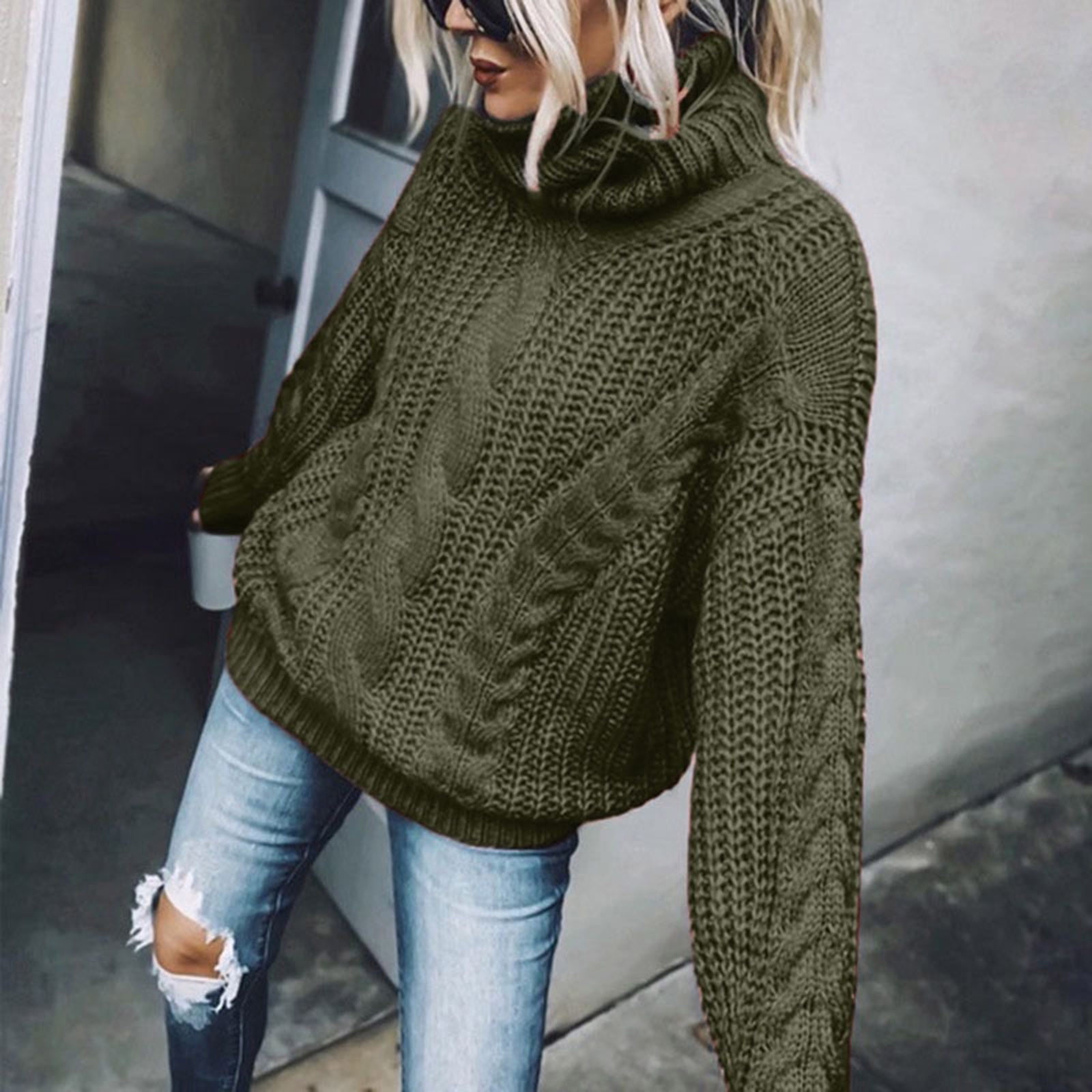 Herrnalise Womens 2024 Turtleneck Sweaters Cable Knit Long Sleeve Pullover  Sweater Jumper Olive Green,2XL