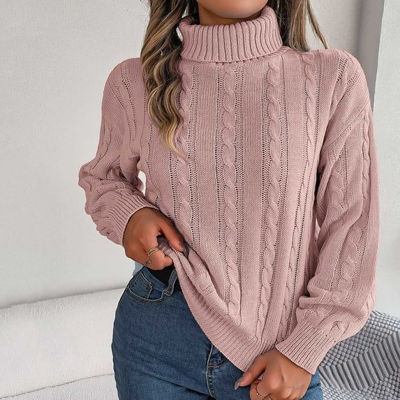 Herrnalise Womens 2024 Turtleneck Sweaters Cable Knit Long Sleeve Pullover Sweater Jumper Pink,S