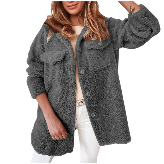 Herrnalise Womens 2024 Winter Fuzzy Fleece Jacket Color Block Patchwork Cardigan Coats Outerwear with Pockets Lapel Collar Fleece Jacket Dark Gray,S