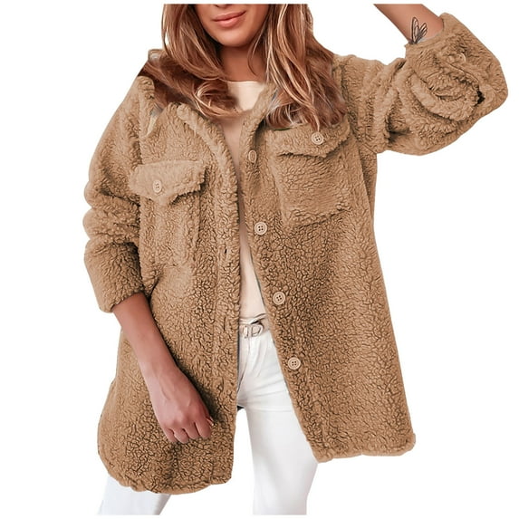 Herrnalise Womens 2024 Winter Fuzzy Fleece Jacket Color Block Patchwork Cardigan Coats Outerwear with Pockets Lapel Collar Fleece Jacket Khaki,XL