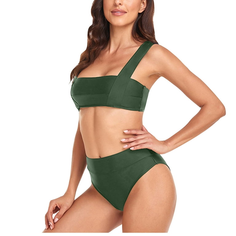 Herrnalise Womens Backless Two-Piece One Shoulder Swimwear Solid  ColorHigh-Waisted Beachwear Sexy Bikinis Tops Green 