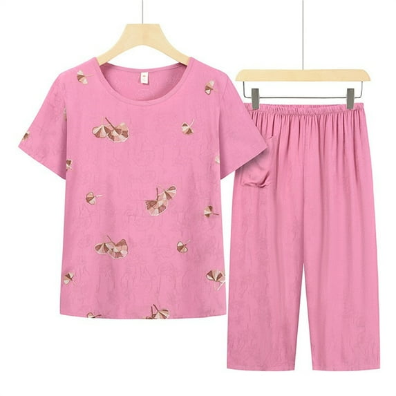 Herrnalise Womens Cotton Pajama Set,2 Piece Solid Color Lounge Outfit Sleepwear Set Crew Neck T-Shirt Capri Elastic Waist Drawstring Pant With Pockets Ladies Pjs Set Mothers Day Gifts for wife