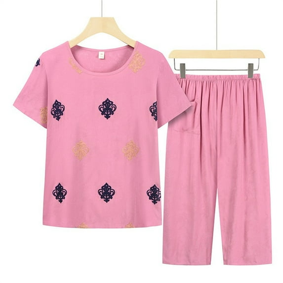 Herrnalise Womens Cotton Pajama Set,2 Piece Traditonal Prints Lounge Outfit Sleepwear Set Crew Neck T-Shirt Capri Pant With Pockets Ladies Pjs Set Mothers Day Gifts for wife