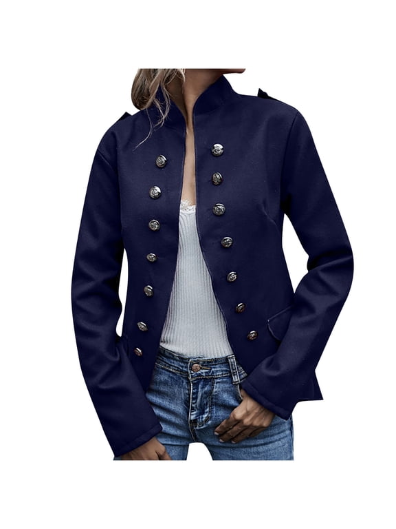 Womens Double Breasted Tweed Blazers Casual Long Sleeve Open Front Blazer Jackets Work Suits Navy,M
