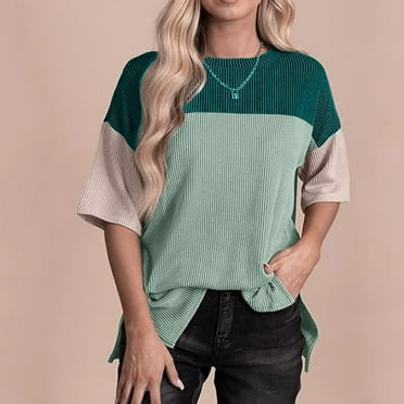 Herrnalise Womens Drop Shoulder Short Sleeve Color Block Tops Crewneck Ribbed Casual Shirts Fall Lightweight Running Pullover Light Blue-XXL