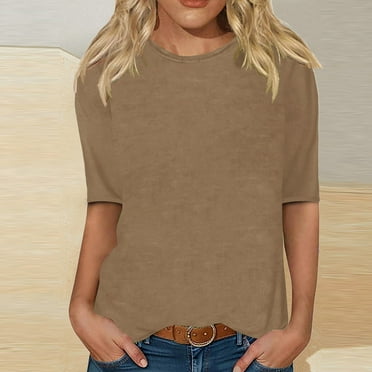 Herrnalise Womens Fashion Spring Summer Half Sleeve Tops 2024 Short Sleeve Sweaters Solid Color Crew Neck Lightweight Thin Knit Clothes Blouse Shirts Khaki-XXXL
