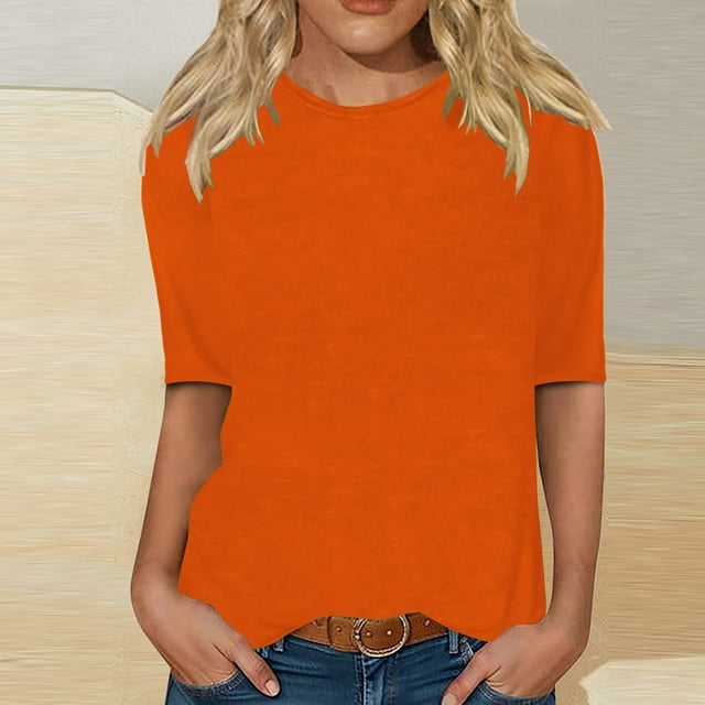 Herrnalise Womens Fashion Spring Summer Half Sleeve Tops 2024 Short Sleeve Sweaters Solid Color Crew Neck Lightweight Thin Knit Clothes Blouse Shirts Orange-M
