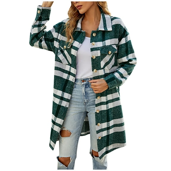 Herrnalise Womens Flannel Shacket Jacket Casual Plaid Wool Blend Button Down Long Sleeve Shirt Fall Clothes Outfits 2024 Army Green,S
