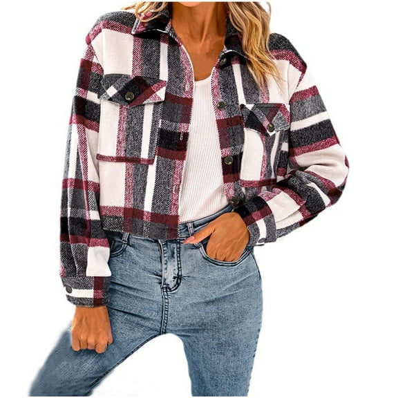 Herrnalise Womens Flannel Shacket Jacket Casual Plaid Wool Blend Button Down Long Sleeve Shirt Fall Clothes Outfits 2024 Black,S