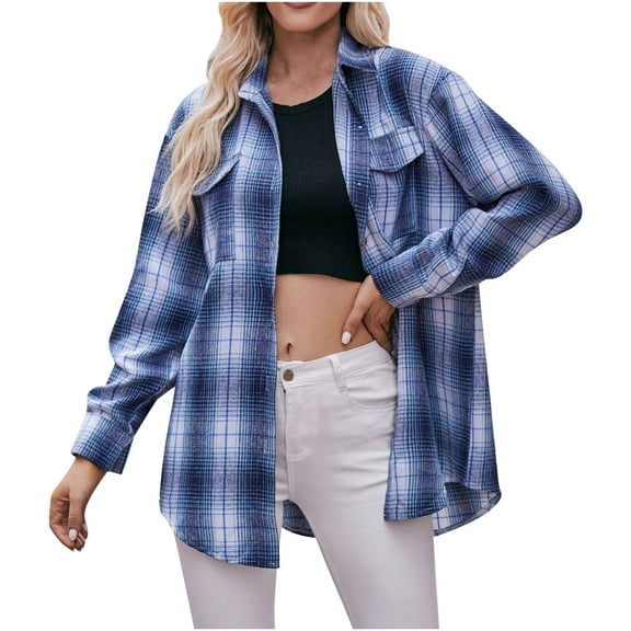 Herrnalise Womens Flannel Shacket Jacket Casual Plaid Wool Blend Button Down Long Sleeve Shirt Fall Clothes Outfits 2024 Blue,L